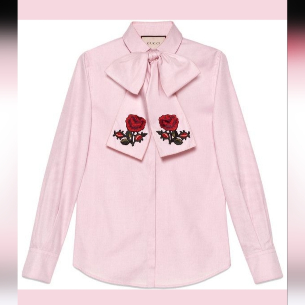 Gucci Pink Bow Shirt with Rose Embroidery Size IT 38